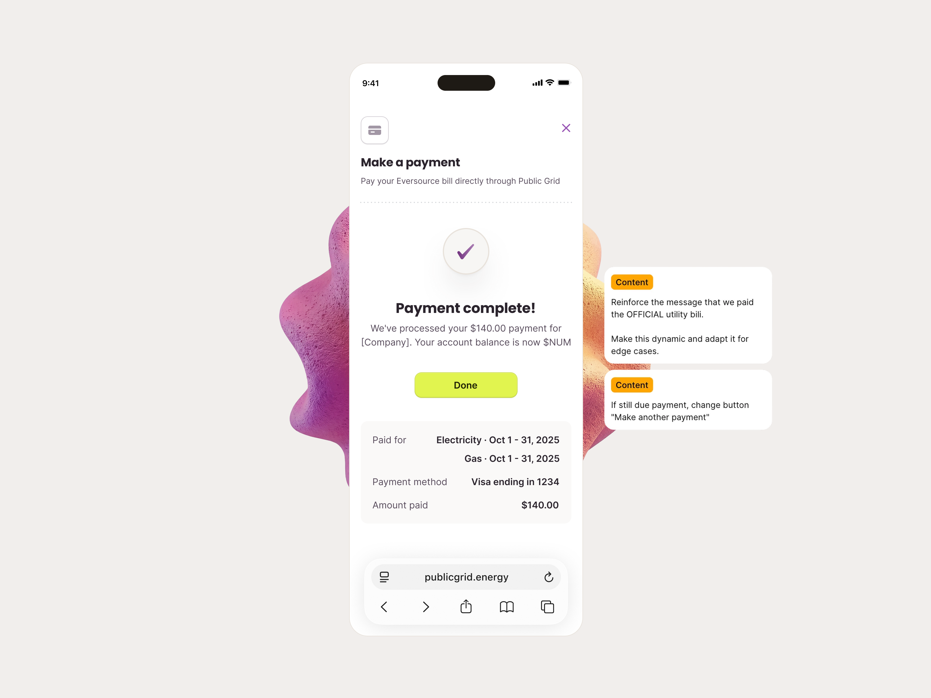 Payment complete + handoff amount due bill details bill history bill payment crm dev note developer handoff due payment handoff make a payment note payment payment complete payment details payment success success state transaction details transaction successfull