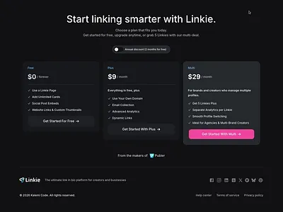 💵 Plans and Pricing Section anual bio dark discount link management monthly payment plans premium price pricing section social media switch yearly