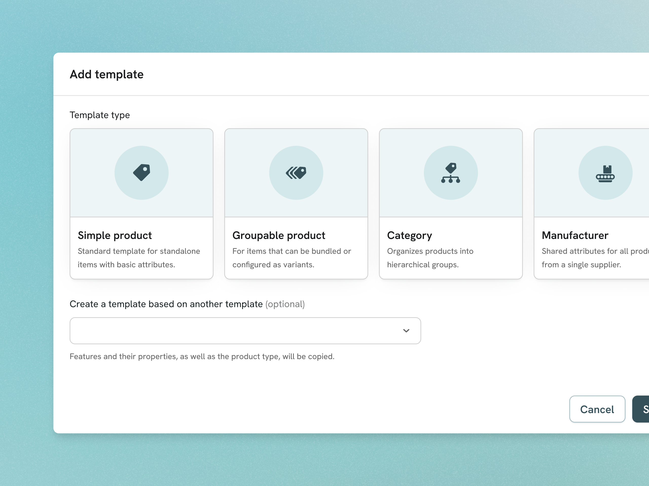 Custom Product Templates — Elmark app application based on cards category contextual custom data erp minimal modal overlay platform product properties template ui ux ux ui