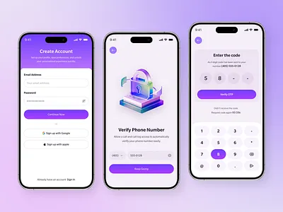 Social Chat App — Signup & Verification app app design audio app dribbble minimal ui mobile app mobile app design purple ui sign in sign up sign up ui social app social audio app social chat app ui ux verification verification ui