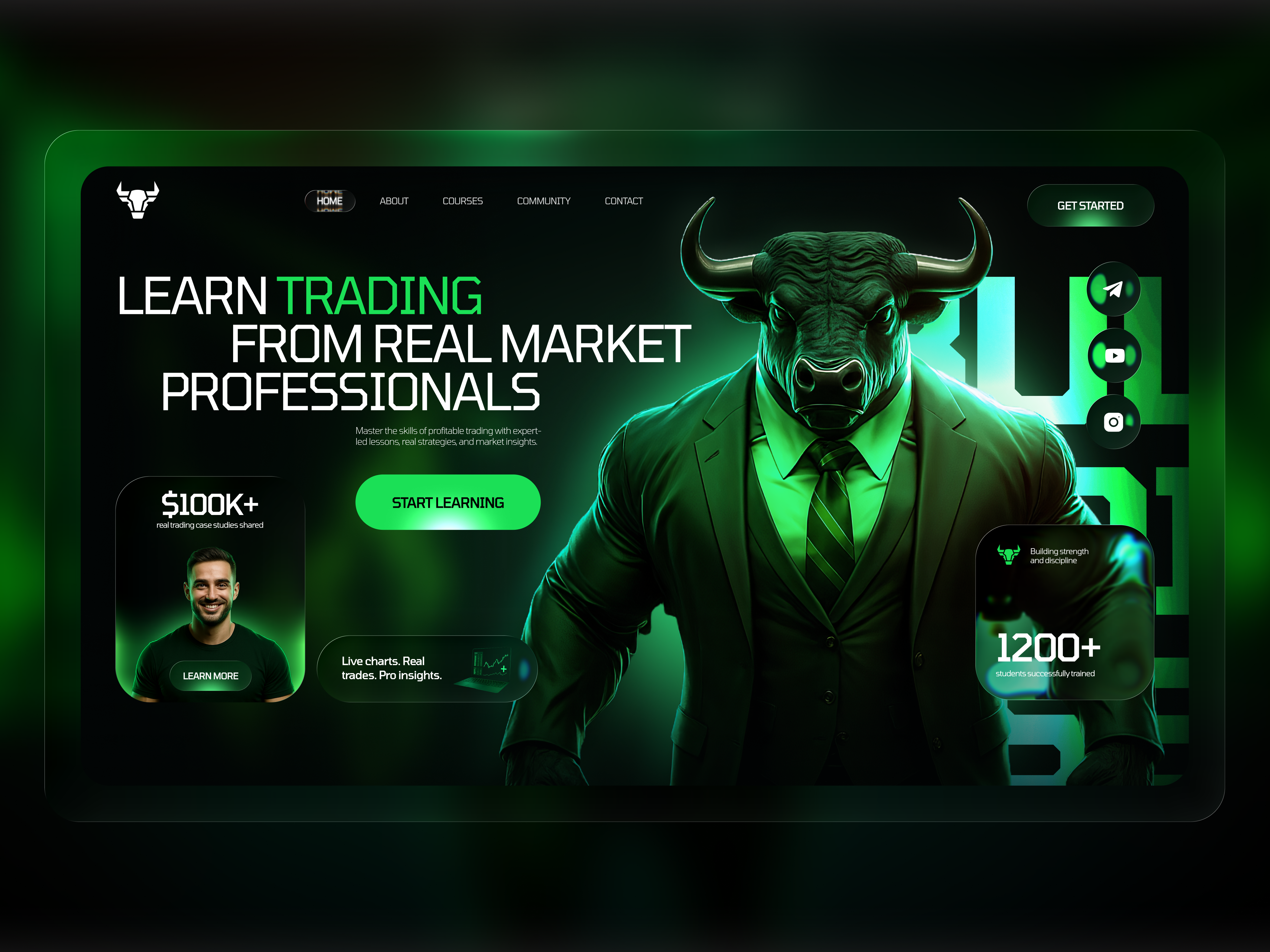 BullX / Landing Page / Trading Education Platform branding crypto dark ui digitaldesign figma design financialeducation fintech graphic design investment landing page landing page design modern ui neon ui saas trading ui design ux design uxui web design website design