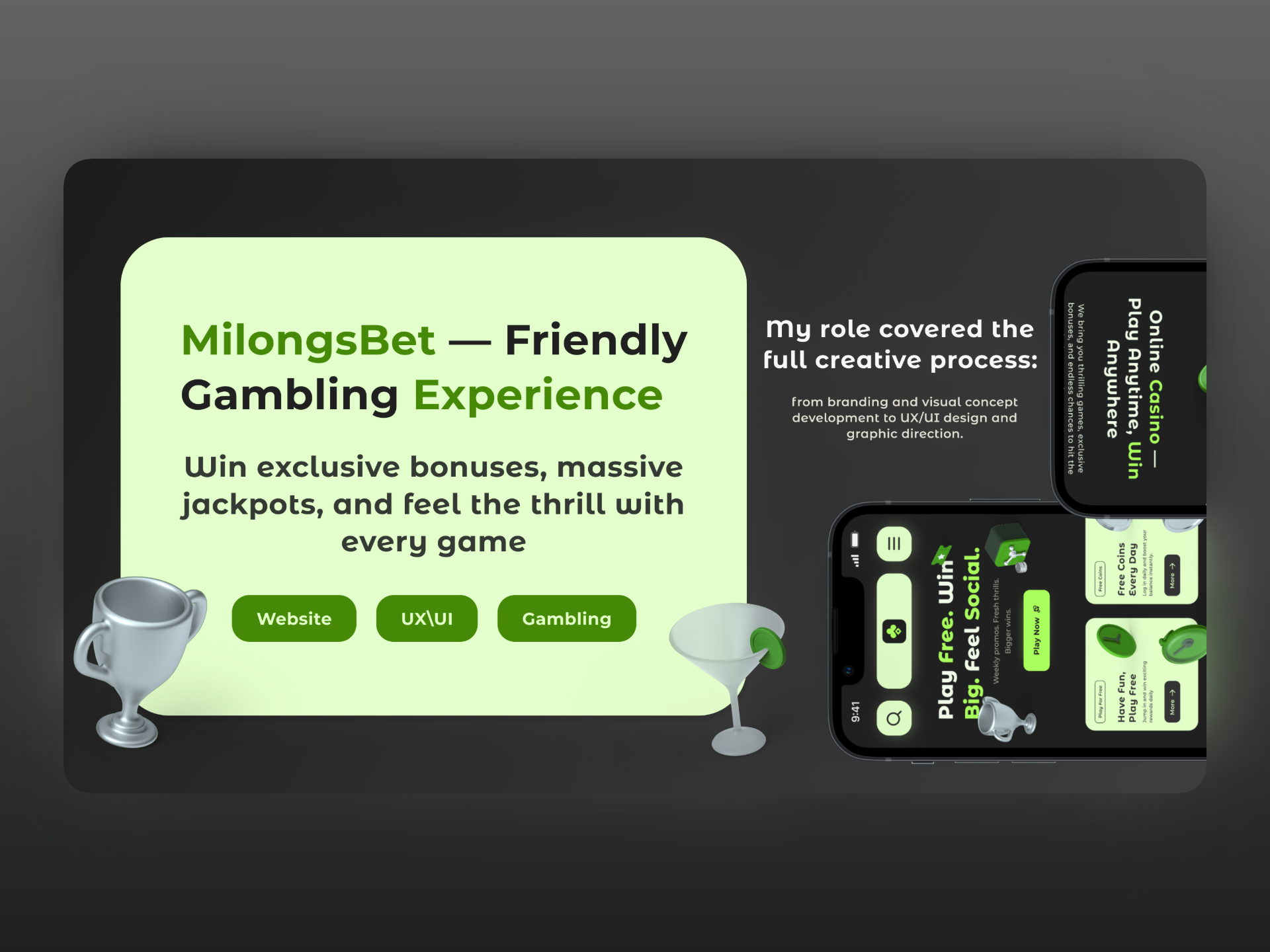 MilongsBet — Friendly Gambling Experience 3d adobe branding casino figma gambling graphic design logo ui ux volodymyrboiko webdesign