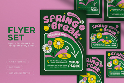 Green Cartoon Spring Break Flyer Set cartoon green social media spring spring break