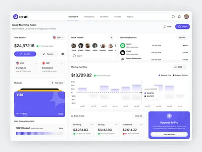 Finance Dashboard Nestfi app balance cards chart clean design fireart modules money ui ux web