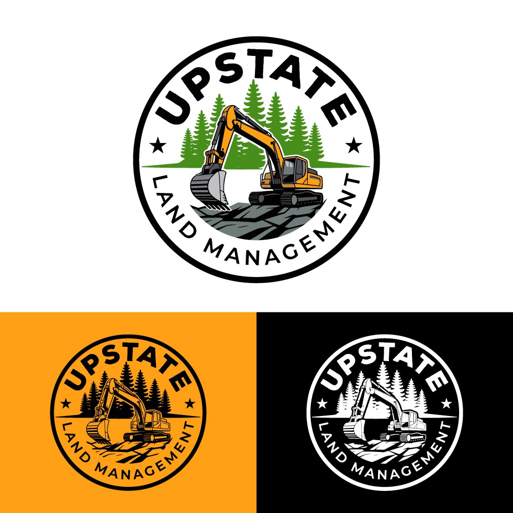 Upstate Land Management – Construction & Forestry Logo badge logo brand identity branding circular logo clean logo construction logo excavator logo forestry logo heavy equipment logo land management logo design logo mark modern logo outdoor branding typography vector logo vintage badge visual identity