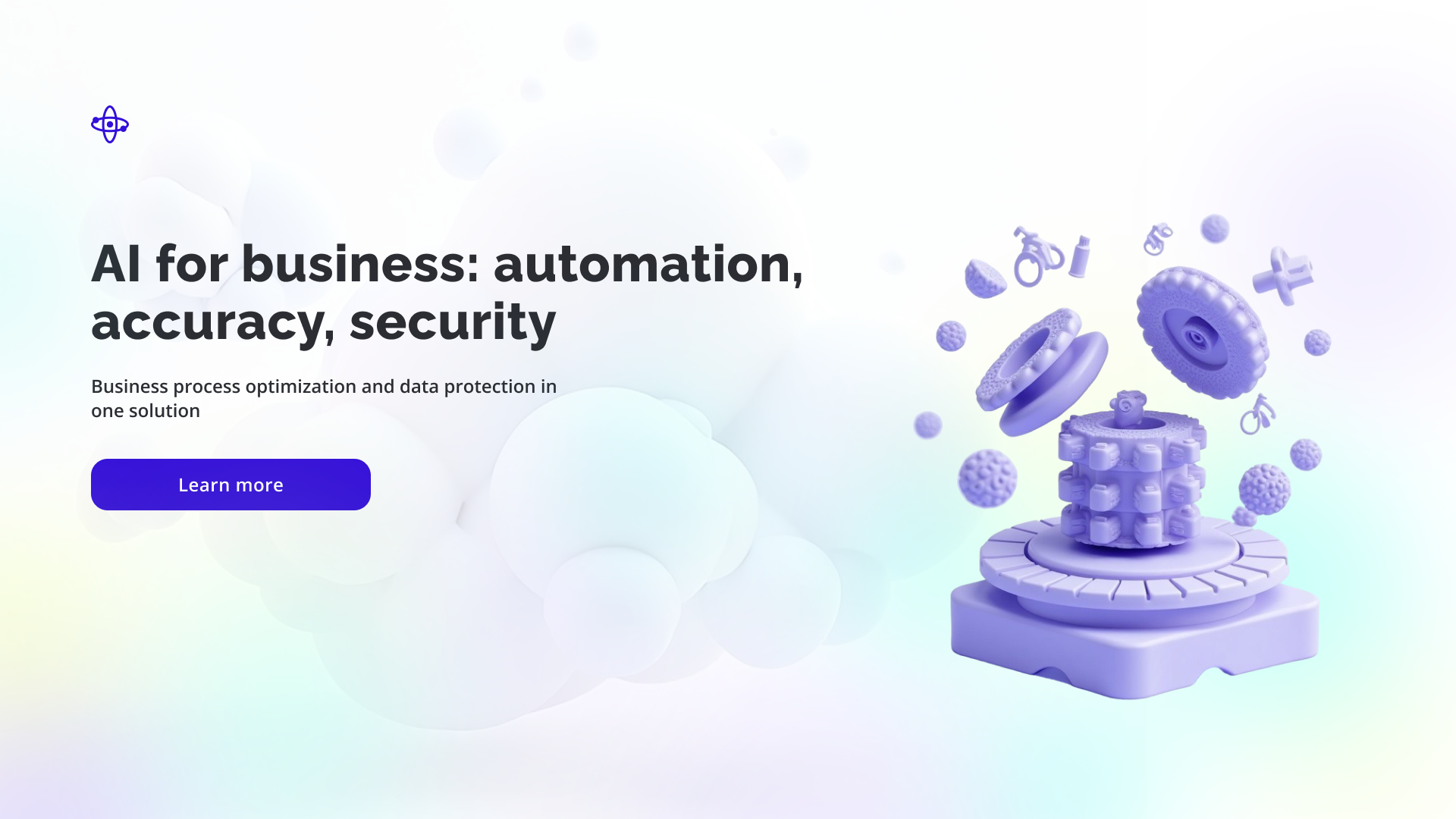 AI Business Tool 3d illustration ai artificial intelligence automation blob design business tool crm integration data security email marketing futuristic hero section landing page modern ui motion design organic shapes product design purple gradient saas ui design web design