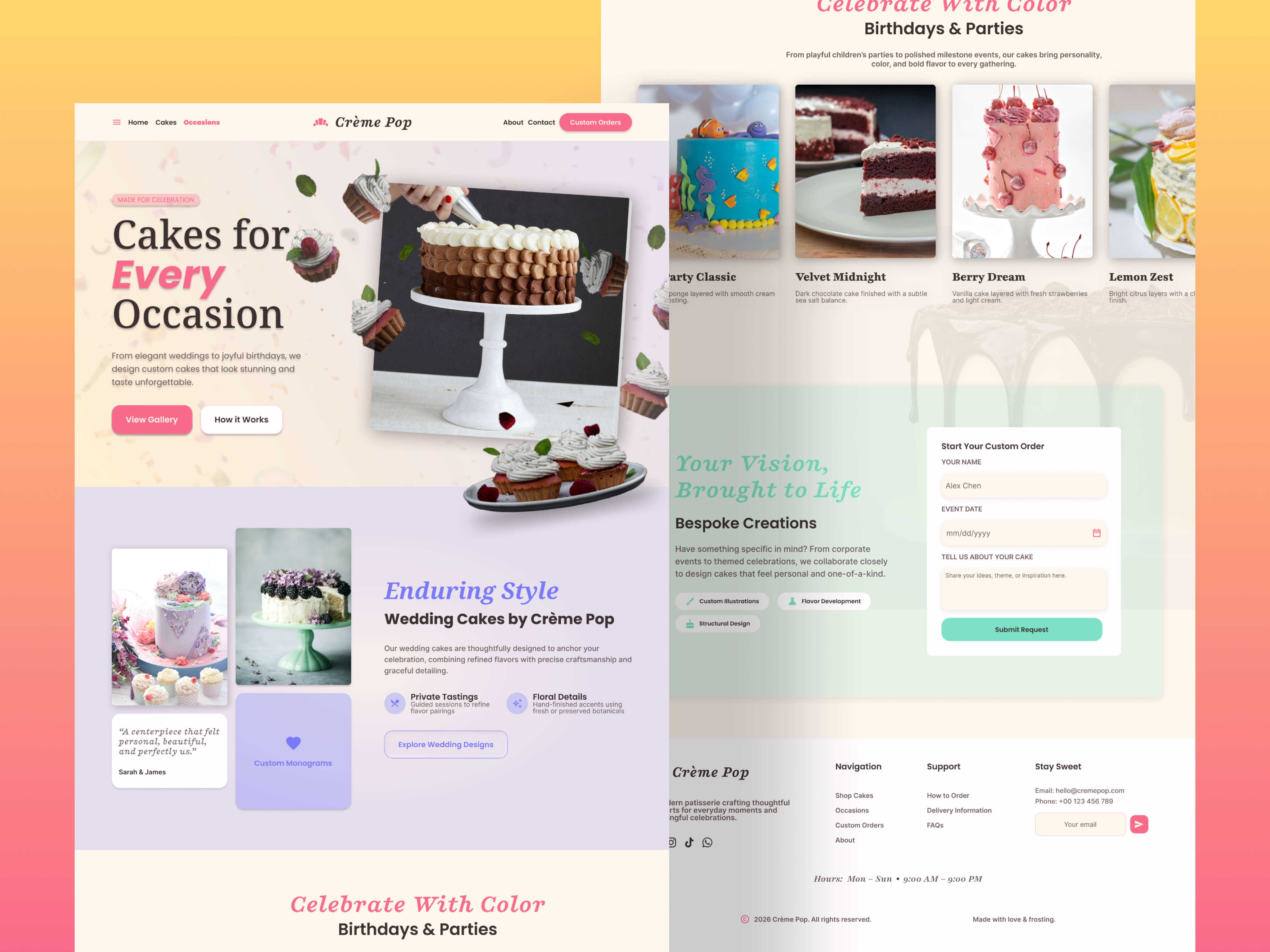 Crème Pop – Wedding Cakes UI | Elegant & Timeless bakerybranding branding cake shop creative website design dribbble ecommerce figma food illustration marketingdesign modern ui pastel product cards storytelling ui ui design ux design webdesign webui