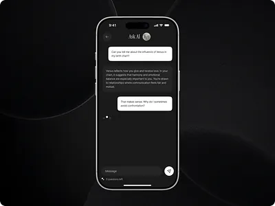 Ask AI — Astrology Chat Experience, Personalized Astrology Chat ai ai assistant ai chat astrology app astrology ui birth chart chat interface clean design conversational ai dark mode ui fintech style ui horoscope app ios app design minimal ui mobile app mobile ui premium app ui ux