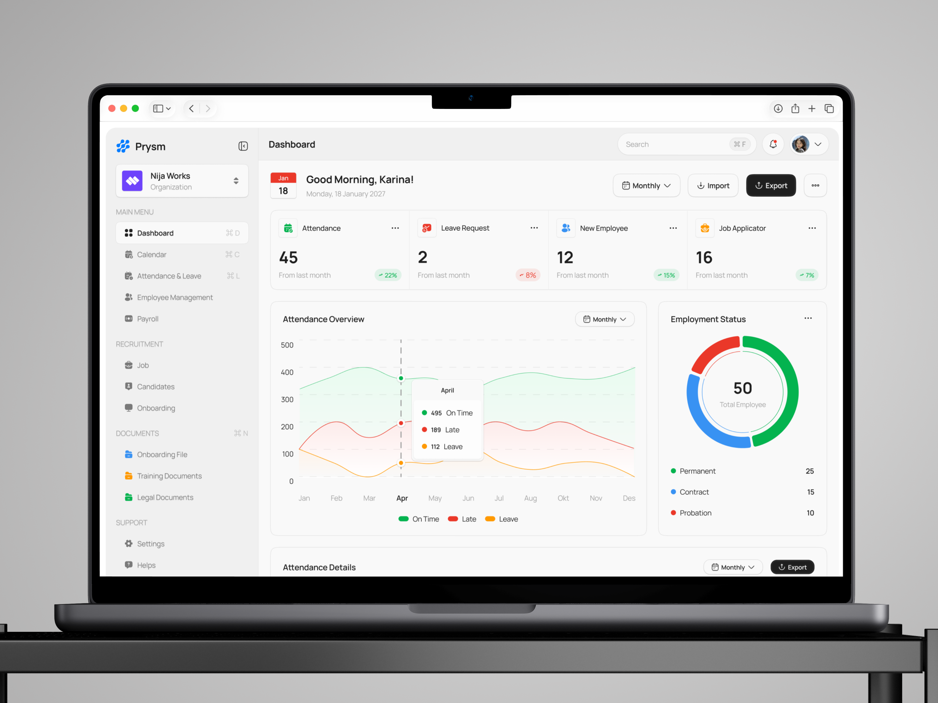 Prysm — HR Dashboard admin analytics attendance attendance tracker clean crm dashboard design employee employee management figma hr hr dashboard human resources length of service overview product design recruitment saas ui