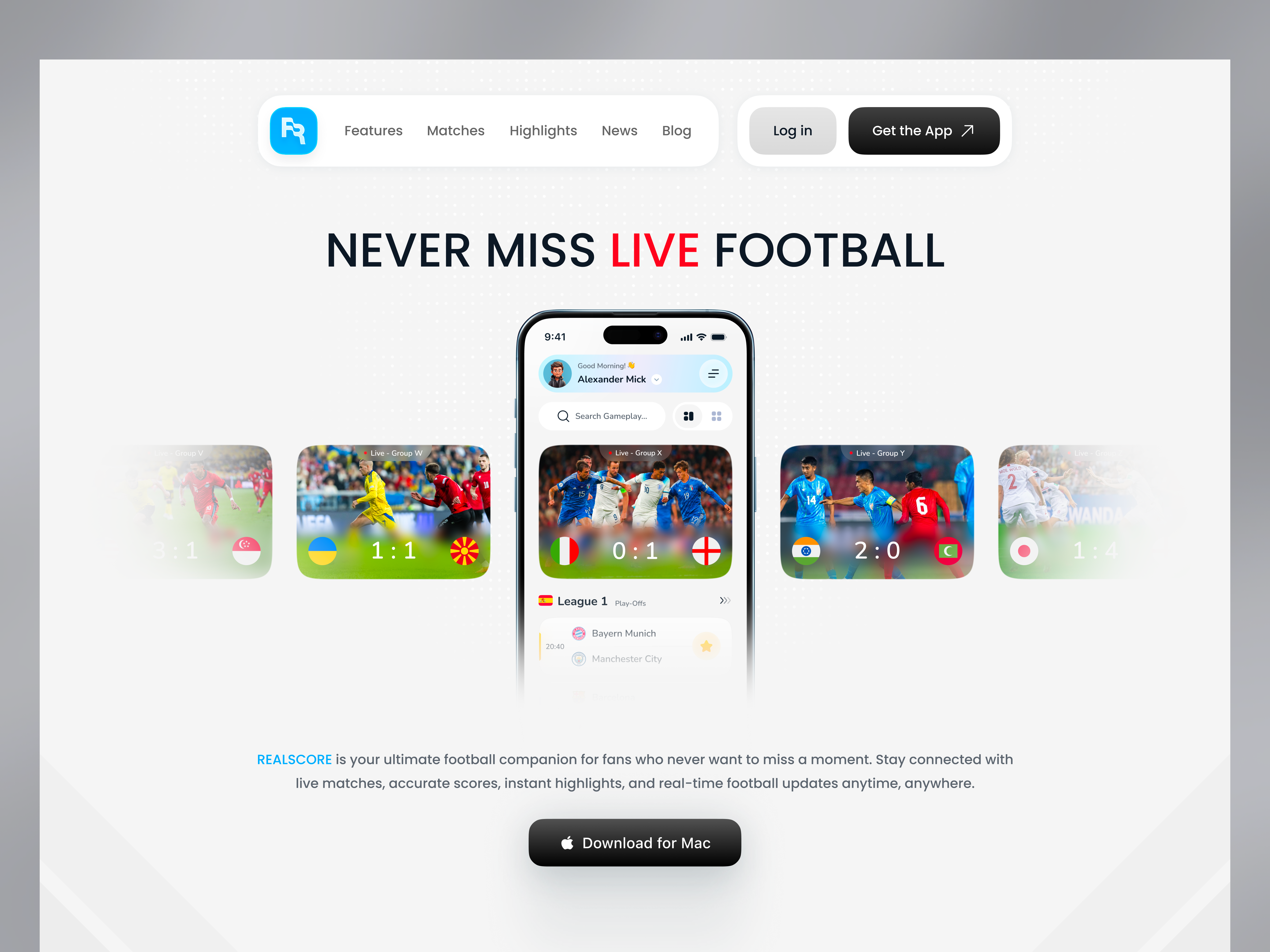 Live Football Mobile App - Landing Page app interface clean design figma football app interaction design ios app landing page live scores match tracking minimal ui mobile app mobile ui modern ui product design real time updates sports app sports dashboard ui design user experience ux design