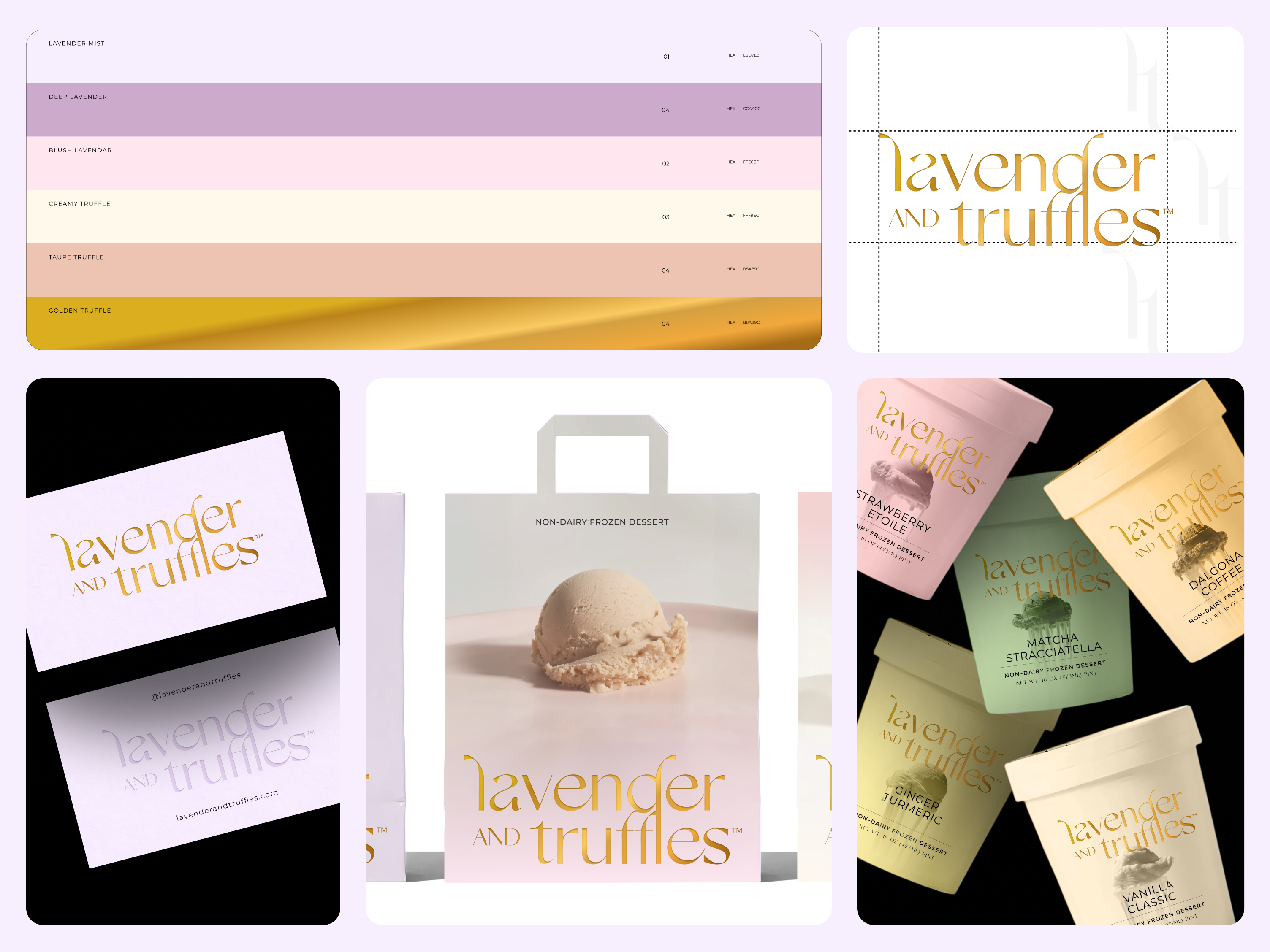 Lavender and Truffles Branding business card design design direction gold graphic design ice cream icon iconography identity lavender logo luxury package design packaging pastel shopping back stationary vegan