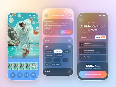 AI Video Creation Platform – iOS App Design ai app ai tool ai video ai video app ai video creator ai video editor ai video maker app app design content creation app generation mobile mobile app mobile plans modern mobile ui text to video ui video editing video generatore