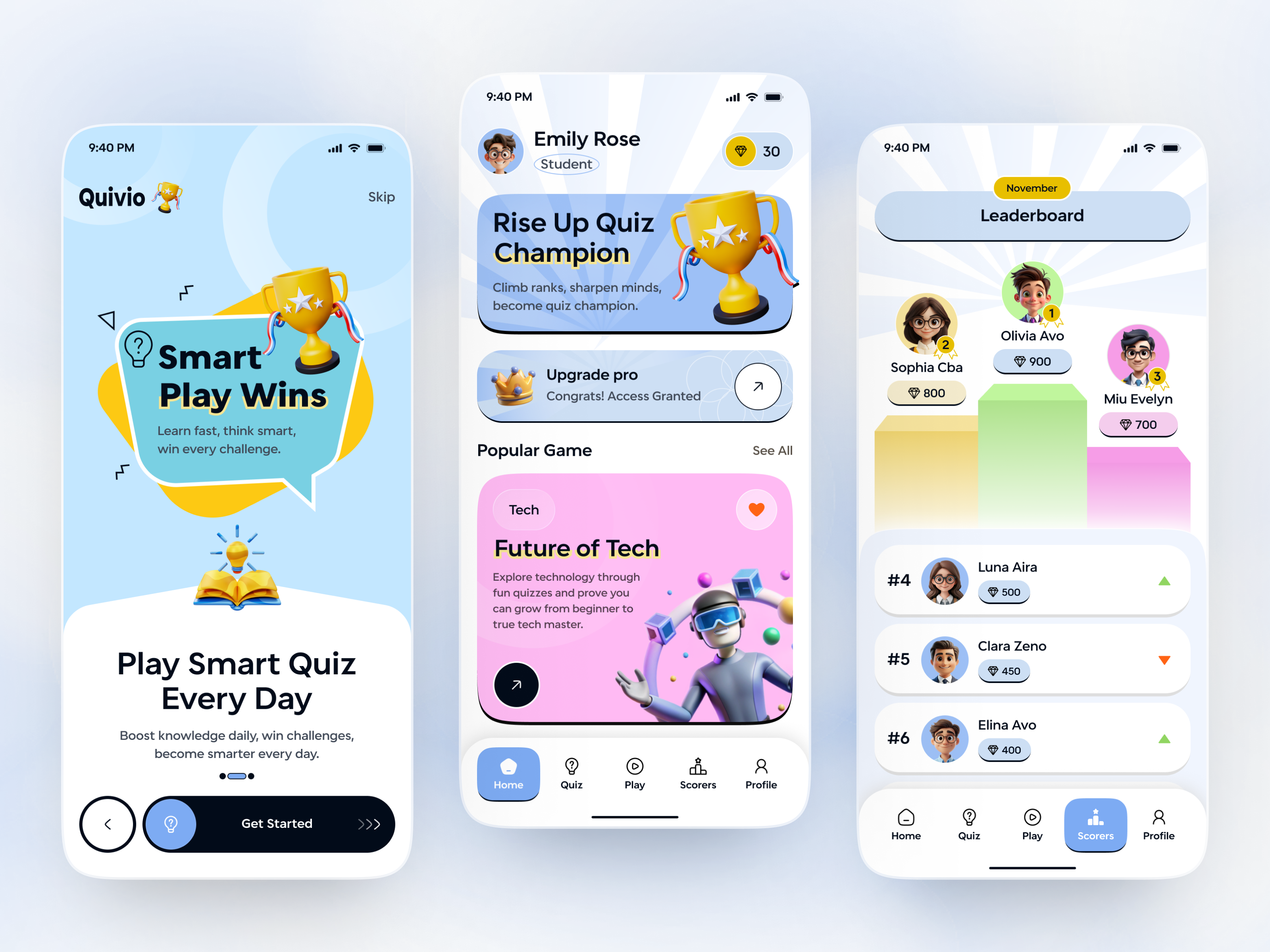 Gamified Quiz App UI — Learn, Compete & Win Daily app app design edtech education app game ui gamification gamified app gamified learning ios leaderboard learning app mobile mobile app product design quiz quiz app startup app ui design ux design win daily