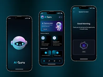 AI Guru—Smart Chatbot App UI Design 3d illustration ai app ai assistant ai chatbot chatbot app dark ui figma design futuristic ui ios app mobile app design modern app premium app product design rakib robot character saas app speech to text ui design ux design voice assistant