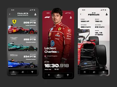 Formula 1 — Leclerc Charles × Ferrari | UI Concept application automotive bolide charles ferrari formula leclerc minimal mobile results simple sport statistics ui