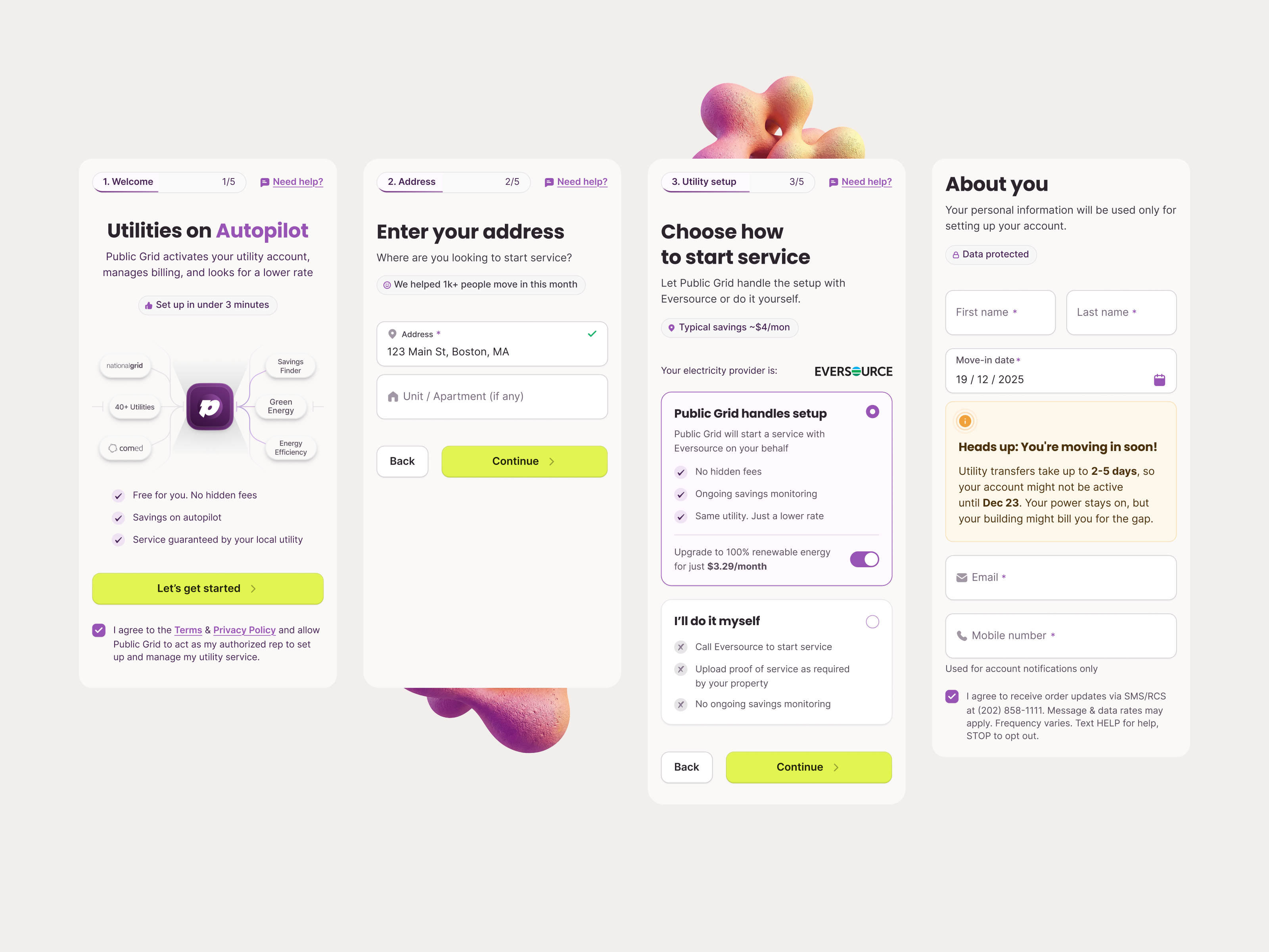 Mobile onboarding (utility) account bento crm form funnel green energy illustration mobile onboarding new account nudge offer onboarding onboarding illustration progress saas step by step to do tracker utility