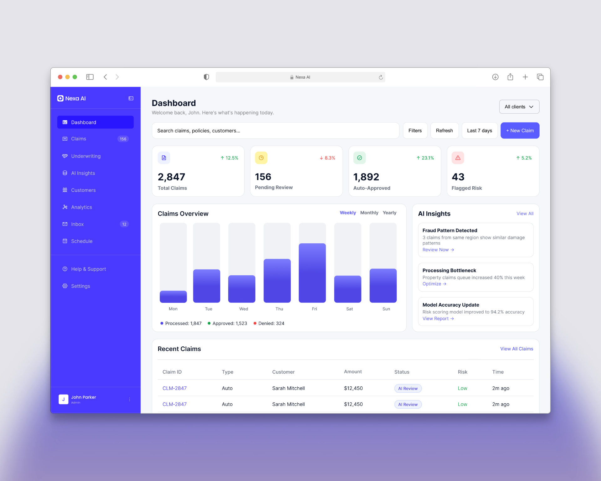 AI Insurance Dashboard UI: Claims, Risk & Analytics b2b dashboard design ui ux