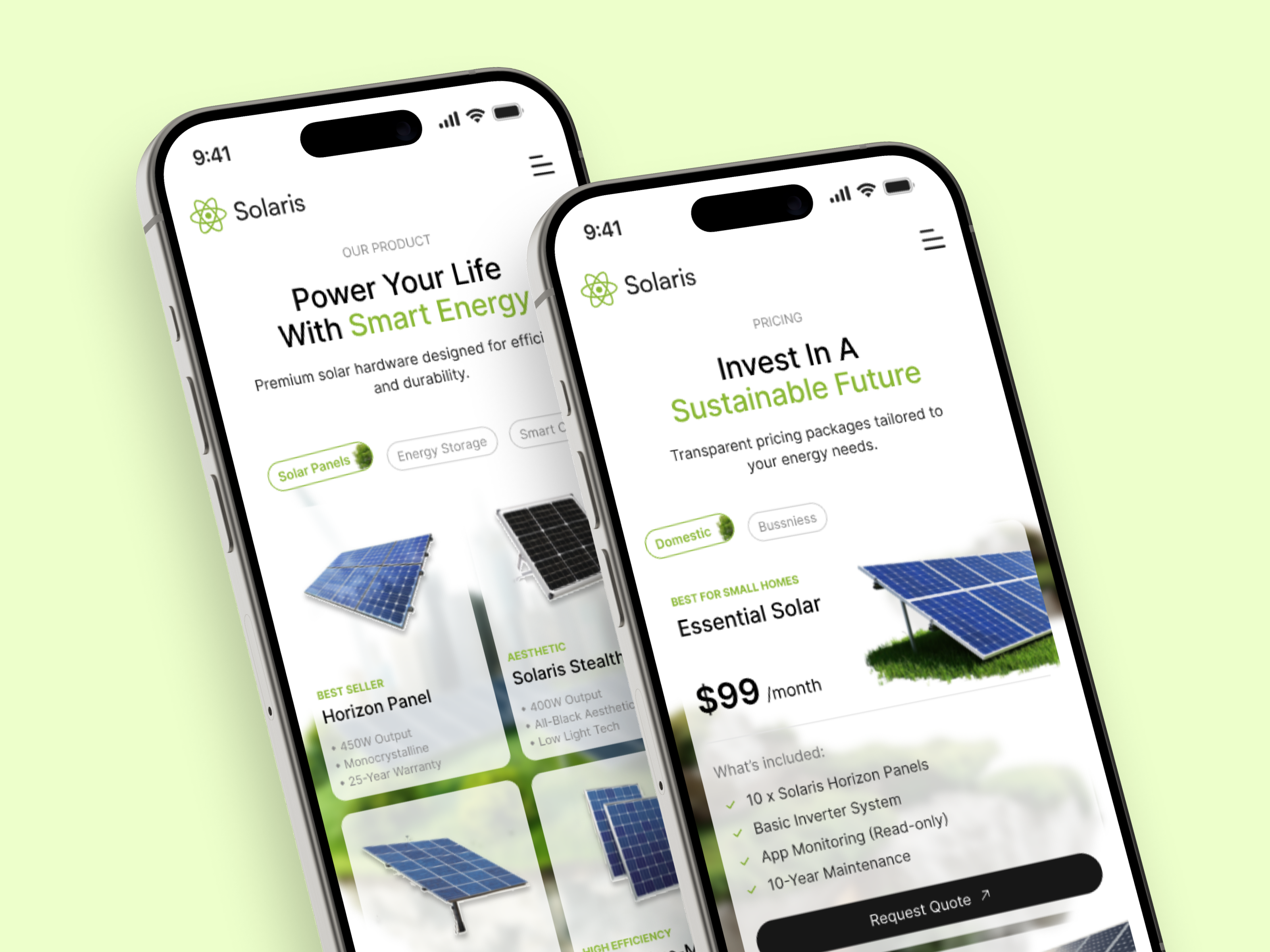 Example of Greentech Landing page - mobile responsive