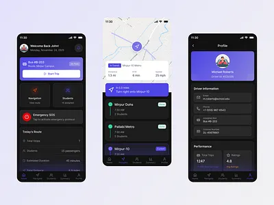 School Bus Management UI android app design bus tracker clean dark mode dashboard fleet gps ios logistics map design minimal mobile app navigation product design school bus transit ui ux user experience user interface