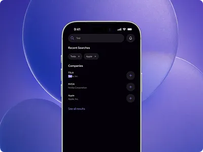 Stock Search · Dark Finance App UI · Company Finder · Watchlist clean design company search dark mode ui finance app financial dashboard fintech ui investment app ios app design mobile app mobile ui recent searches search experience stock app stock market stock search tesla trading app ui ux watchlist