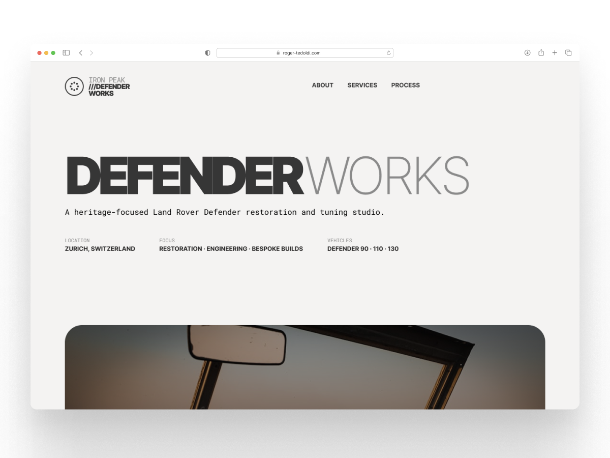 Defender Works — Minimal UX Landing Page for a Automotive Brand animation automotive branding editorial design figma landing page minimal design product design ui ux design