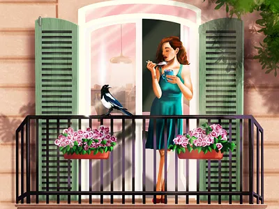 The lady and the magpie [digital illustration] digital art digital painting illustration procreate