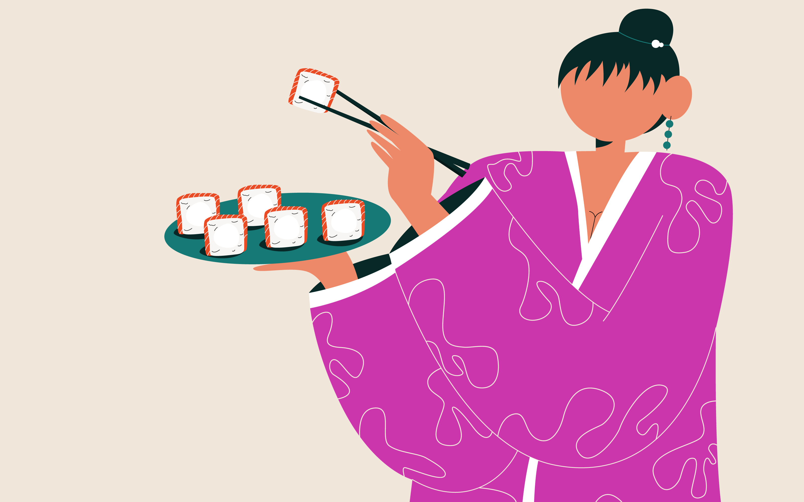 Japanese food 2d adobe illustrator app blog image character comercical delivery flat illustration food illustration kimono landing page minimal sushi vector website woman