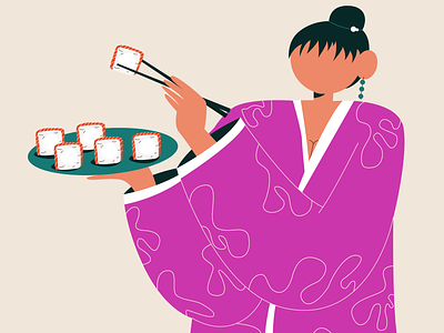 Japanese food 2d adobe illustrator app blog image character comercical delivery flat illustration food illustration kimono landing page minimal sushi vector website woman