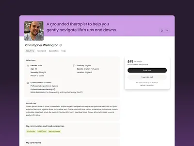 Therapist Profile · Mental Health Platform · Desktop UI desktopui healthtech mentalhealth product product design profile profile page therapist profile ui ux webdesign