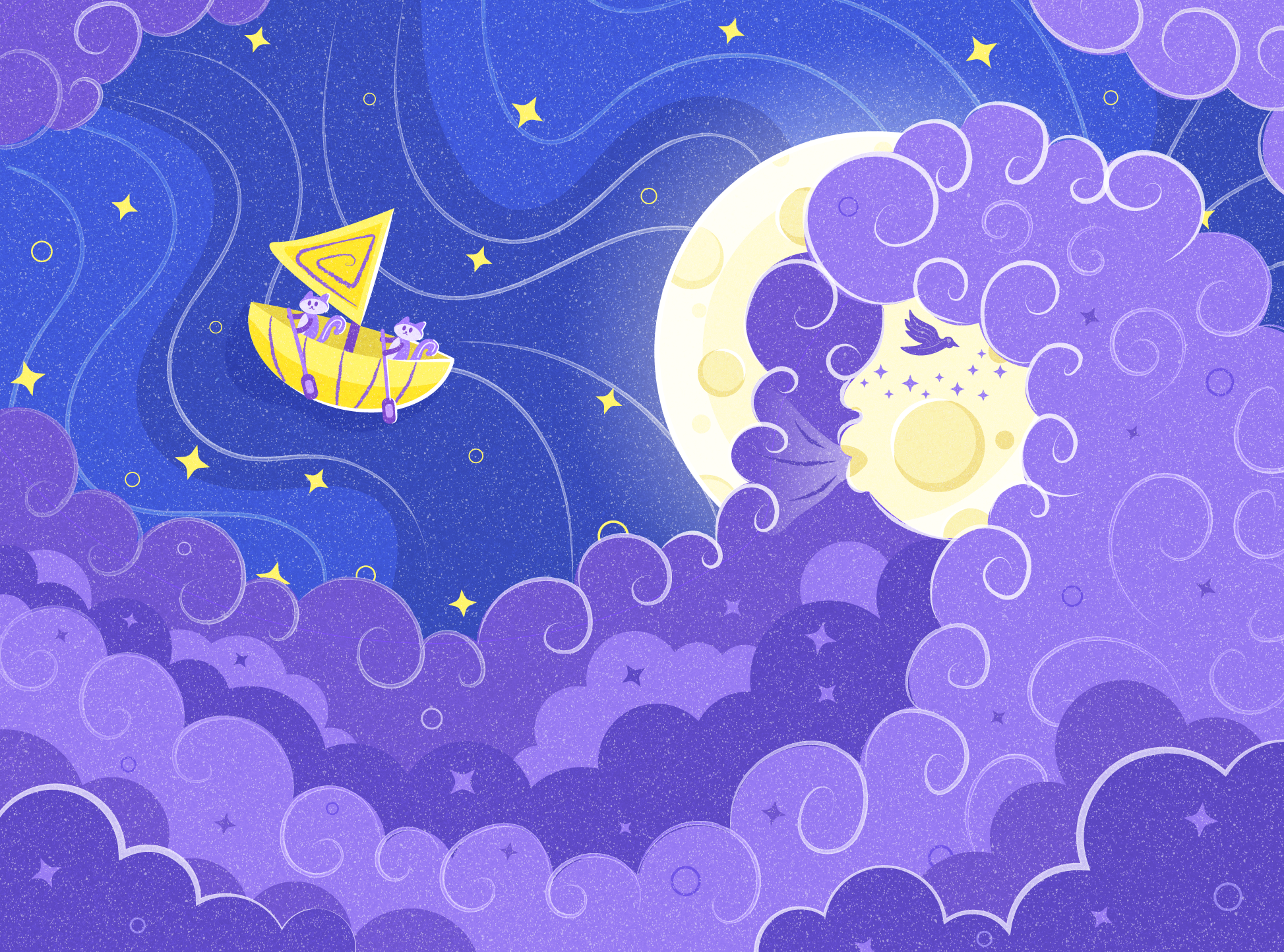 abstract fly down the river abstract bird boat cat clouds cute illustration moon night river sky vector violet wave