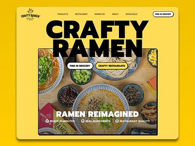 Crafty Ramen Noodle Shop Ecommerce Frozen Food Meal Website Hero branding chef dinner ecommerce food graphic design hero section japanese landing page meal noodles online shop online store product ramen restaurant tasty ui ux website