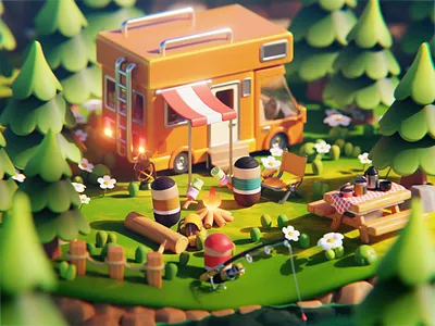 Cozy Riverside RV Camp 3d 3d illustration 3d stylized camp camping forest camp illustration isometric riverside rv rv camp stylized