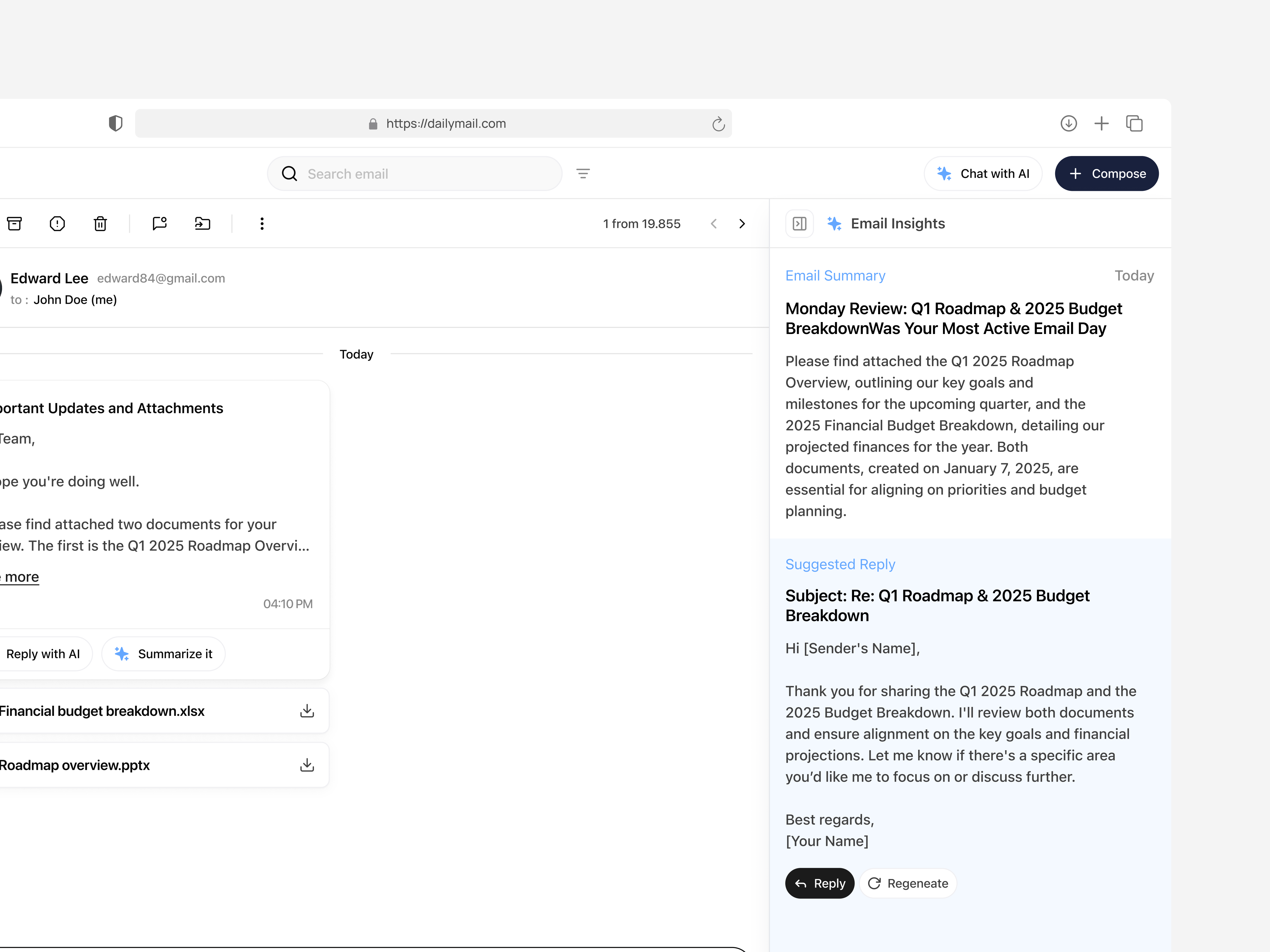 AI-Powered Email Dashboard Suggested Reply ai ai assistant ai assistant email ai assistant email dashboard ai email ai generate ai powered assistant communication dashboard design email minimal modern reply suggestion dashboard suggestion reply ui ui design ux design website