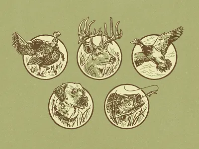Hunting Apparel Series animals antlers apparel badge buck crest deer duck fishing hand drawn hunting illustrations large mouth bass retriever turkey vintage