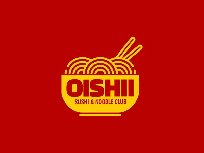 OISHII - Sushi and Noodle Club asian cuisine logo bold bowl branding chopsticks logo flat food graphic design iconic illustration logo logo design mark minimal modern logo noodle bowl sushi restaurant logo takeaway restaurant vector
