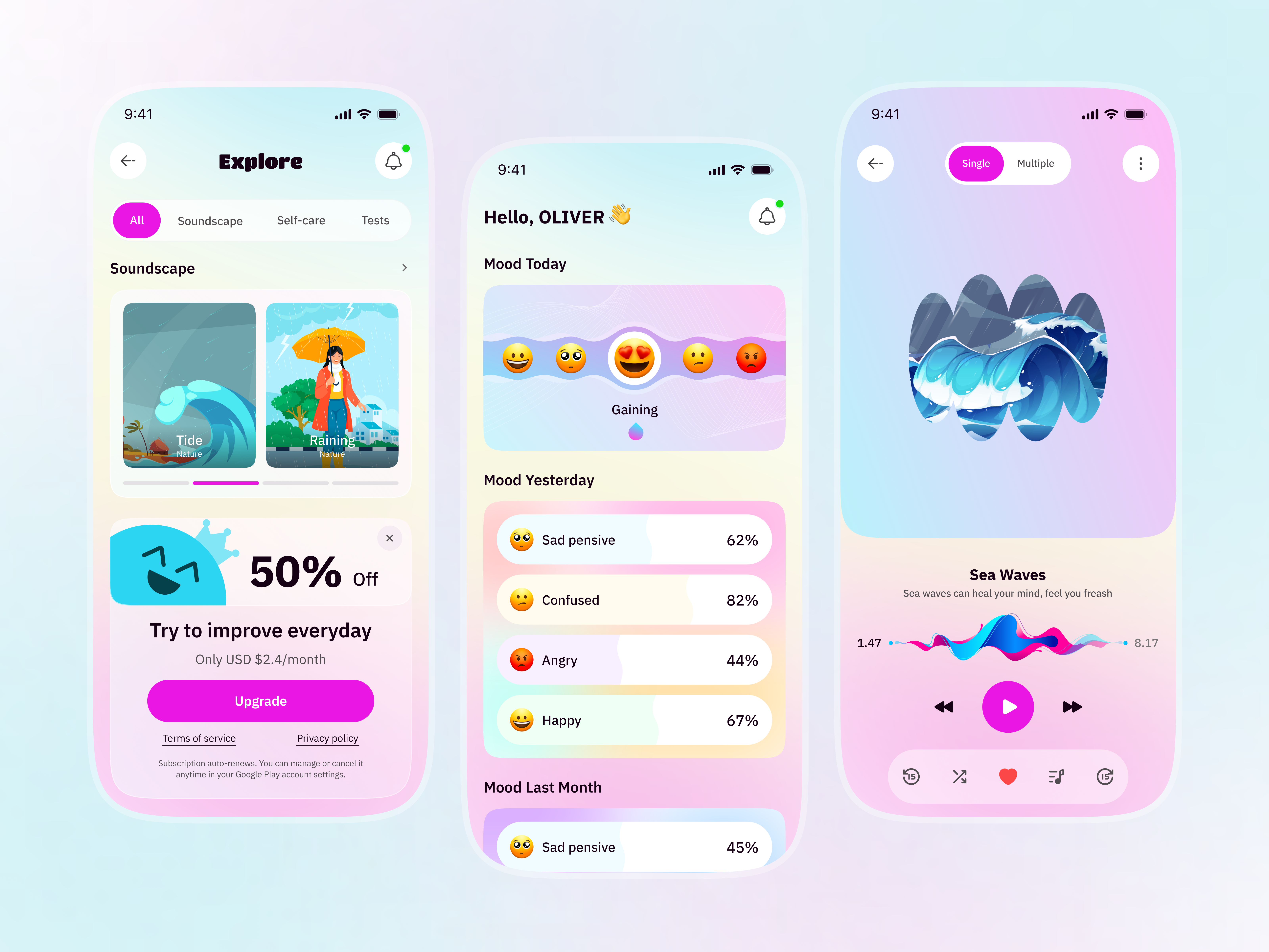 Mood Tracker Mobile App animation app design clam design clean ui emotion tracker habit tracker health app mental health app mental wellness app mindfulness mobile app mood mood tracker app progress tracker selfcare app ui