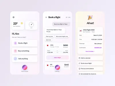 Daily AI Assistant - Flight Booking aiapp aiui aiux flightbooking minimal mobileappui productdesign travel travelapp uiuxdesign uxdesign