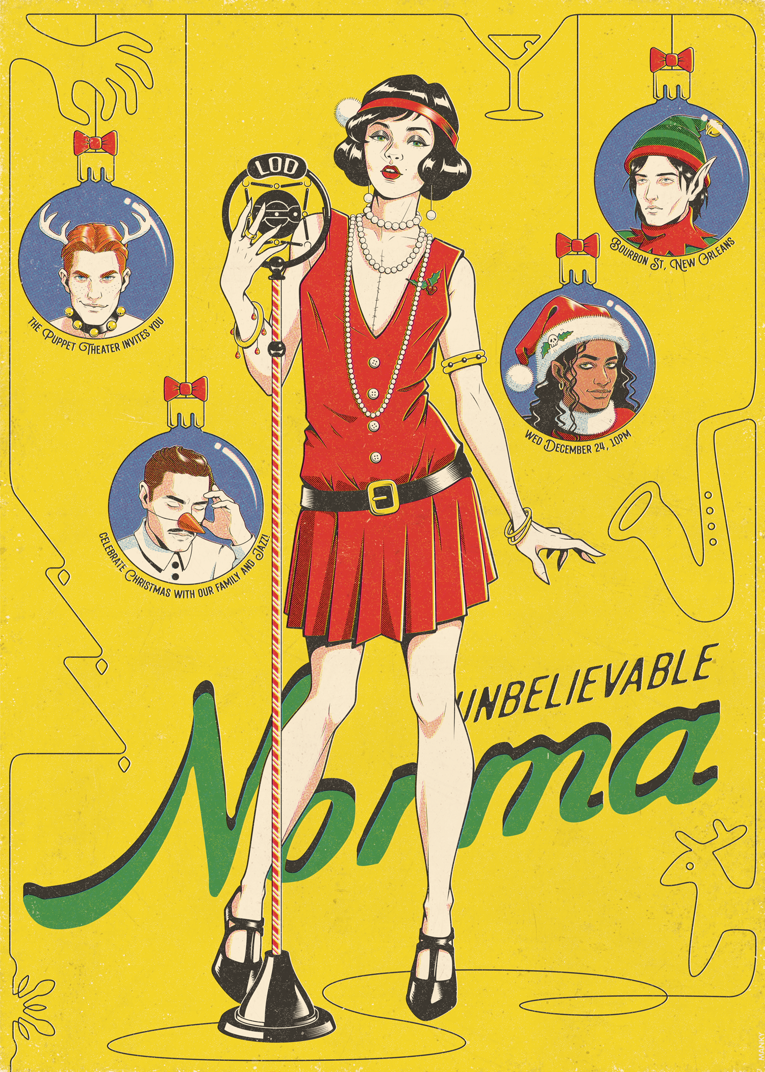 A 1920s-style Christmas poster with a party invitation 1920s 2d adobe photoshop character cmyk design halftone illustration overlay raster retro stylization vintage woman xmas