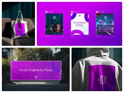 Hoop Animation Studio — Brand Applications 3d animation animation art direction brand application brand identity brand in use brand support branding circle exploration geometry gradient hoop hoop animation studio logo logo design logotype print application symbol violet