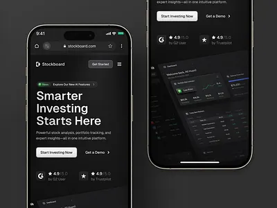 Saas Investment Mobile Responsive - Stockboard 💰 app design bento clean dark darkmode design features finance investment landing minimalist mobile mobile app responsive saas section stock ui ux web design