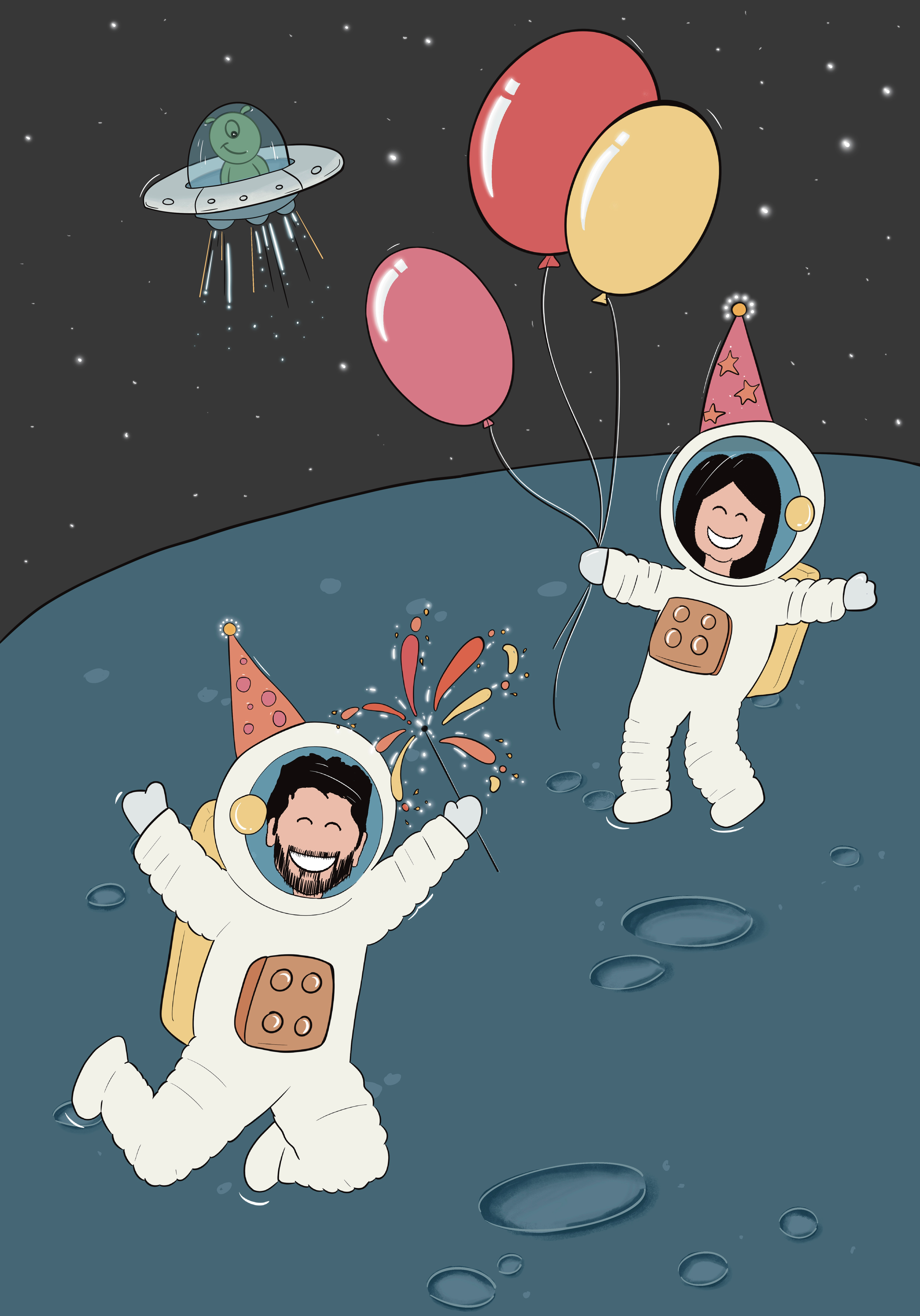 Happy New Year anime style art celebration character design cute drawing graphic design happy illustration new year partner solid space exploration vector