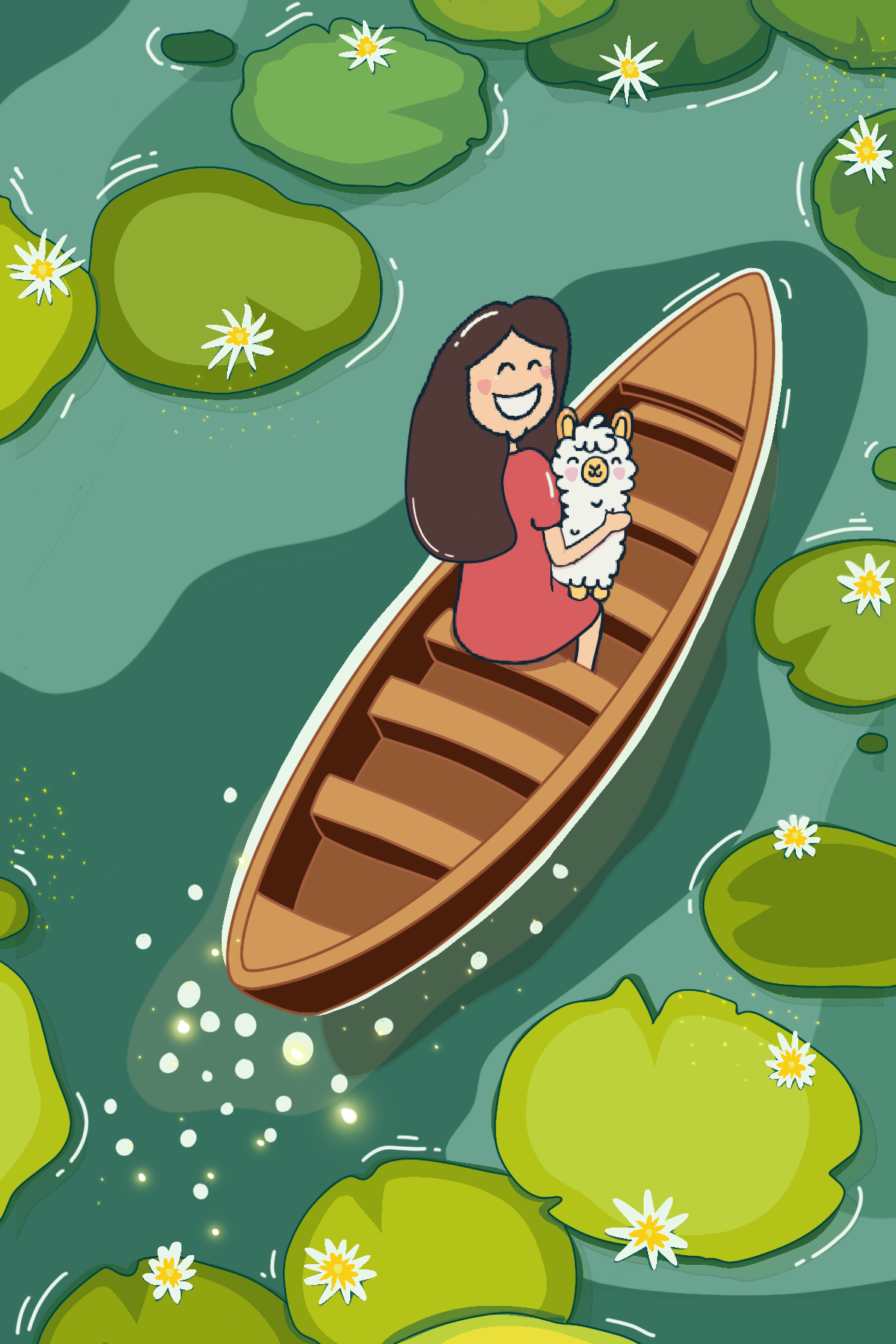 Row your boat gently alpaca anime style art boat character design cute drawing girl graphic design illustration lily lotus solid vector water