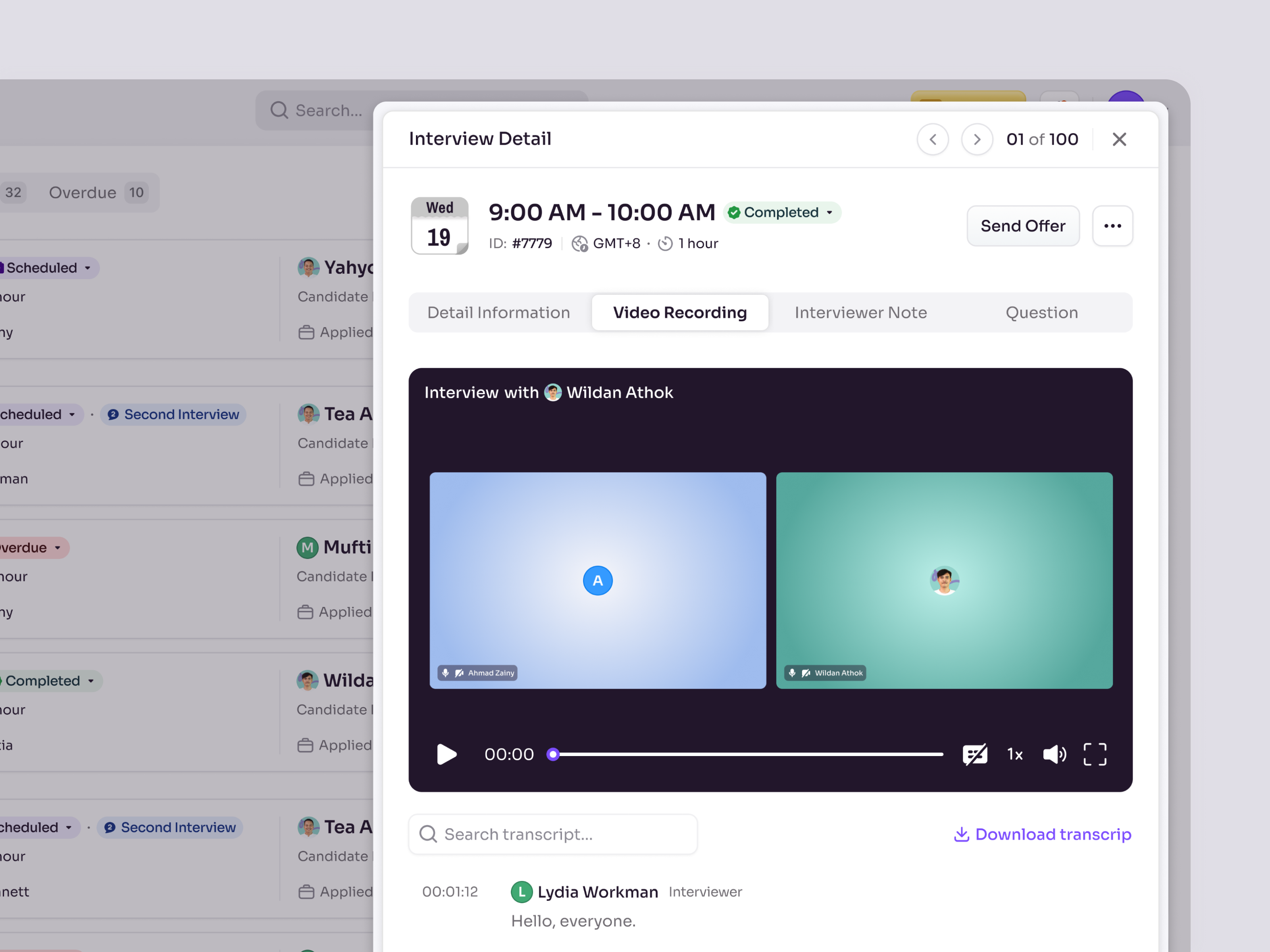 Example of RecruitSmart — Interview Details with Video Recording in HR App
