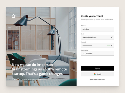 Co-working reservation website sign up page saas signin signup webdesign
