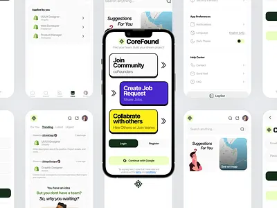 CoreFound: CoFounder Community Mobile App app design cofunder community app job find login mobile app mobile onboarding register welcome
