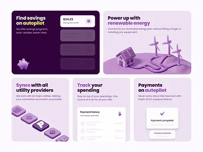 Utility features (draft) bento bento grid billing bills clay clay icons clay illustration claymorphism crm features grid how it works integrations payment complete process renewable energy savings soft ui success state utility