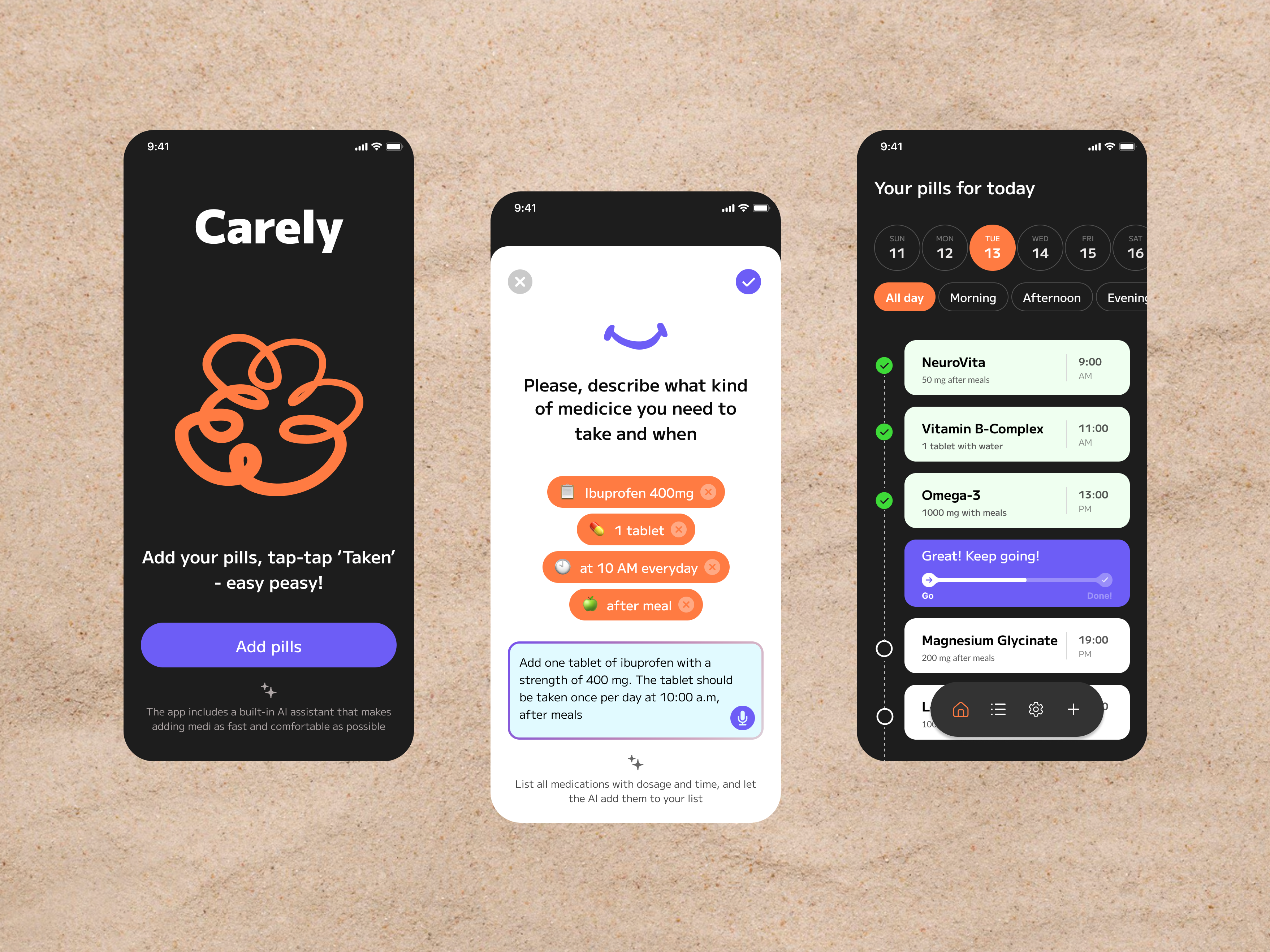 Carely — Friendly Medication Tracker App UI ai aiassistant appinterface appreminder careapp friendlyinterface healthcare iosapp pilltracker productdesign ui uimedicineapp ux wellness