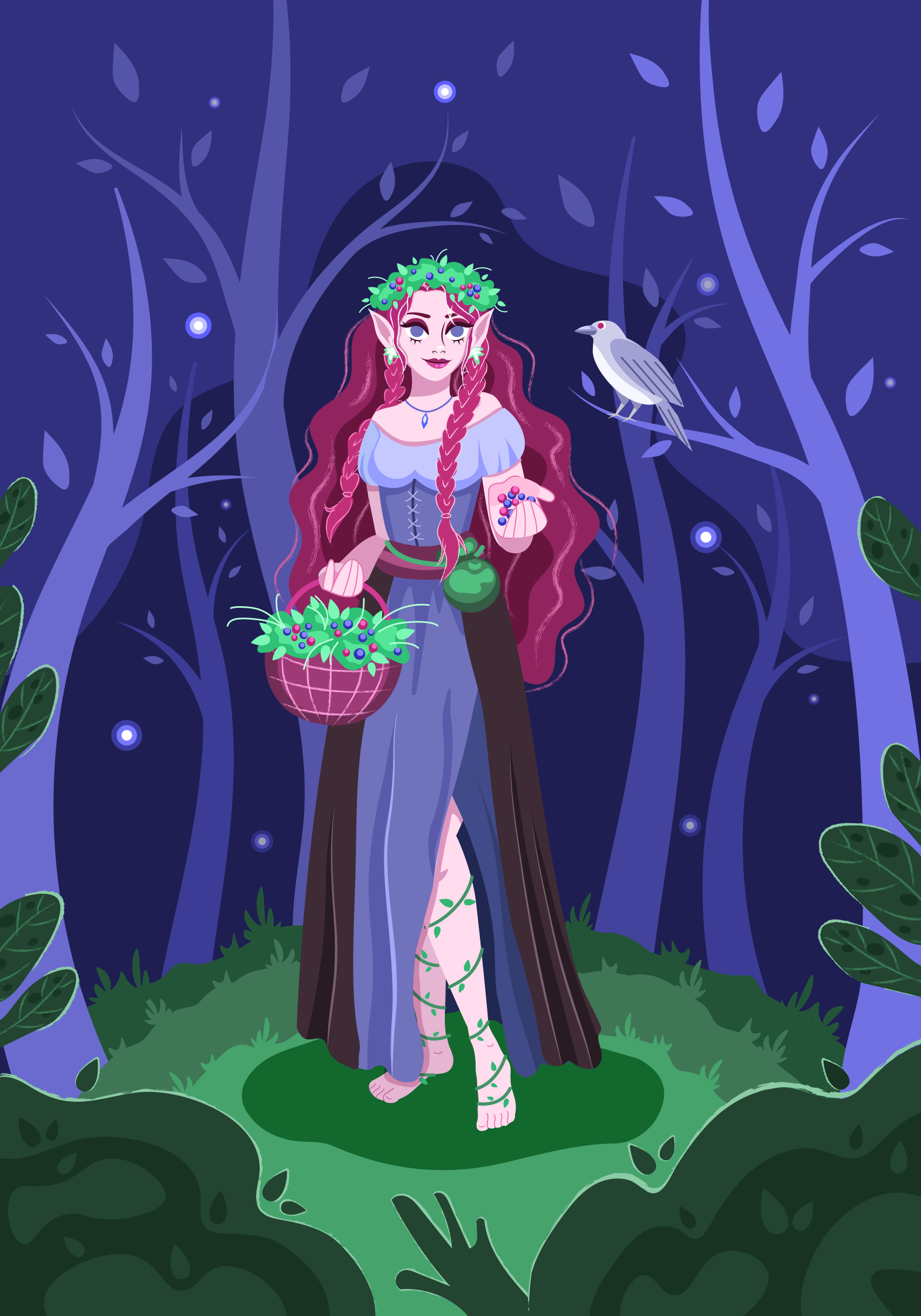 Syrin basket berries character crow dreamy dress elf enchanted fairytale fantasy fantasy character forest herbs illustration magic medieval nature spirit soft colors stylized whimsical