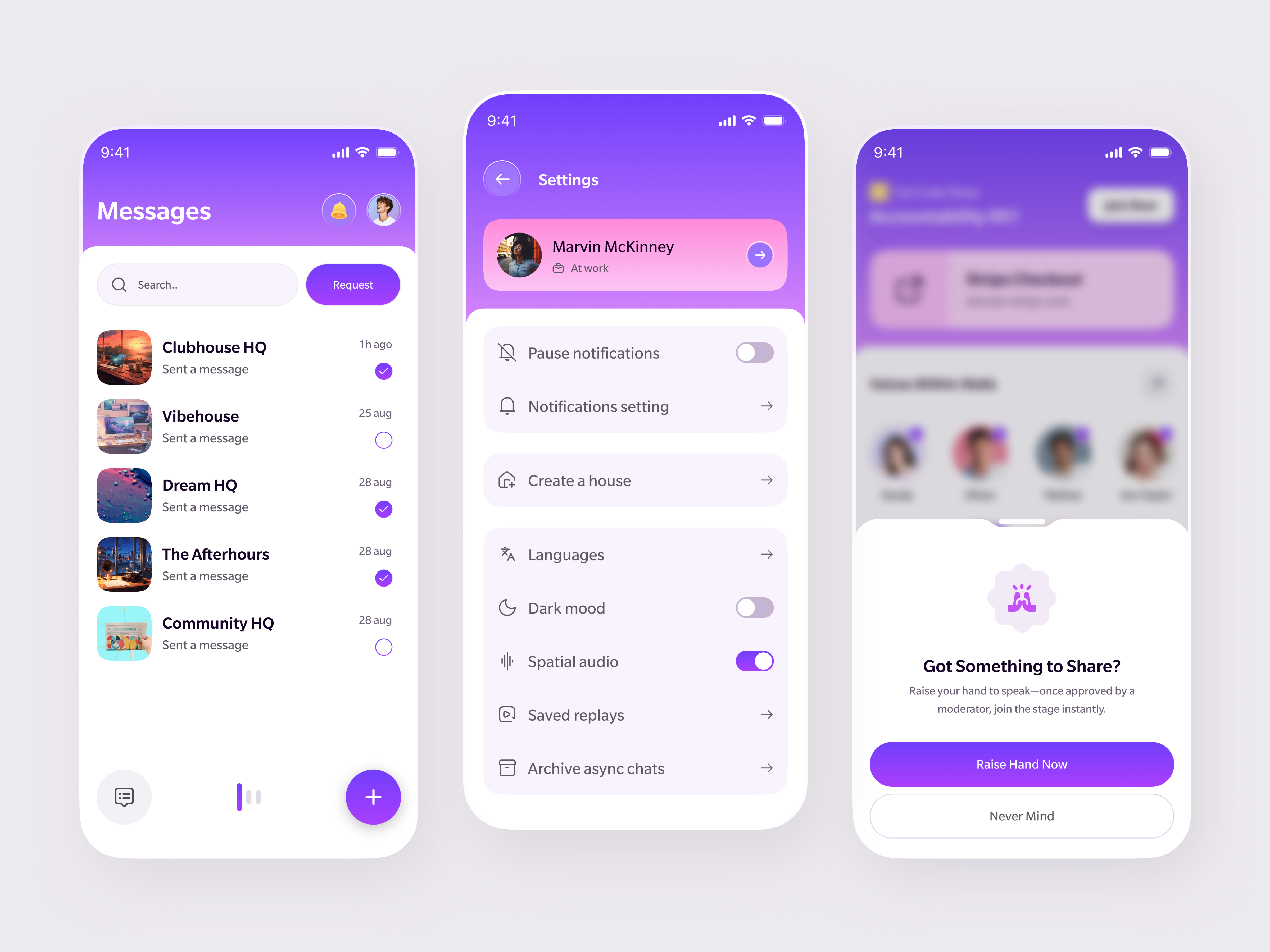 Live Audio Chat Rooms | Social Voice App UI audio chat audio streaming chat app chat rooms chat rooms app ios app live audio live audio app live voice mobile app networking social audio social media social network startup ui design ux design voice chat voice rooms