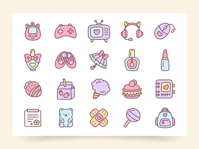 Collection of kawaii girly stickers collection coquette cute design flirty game gamer girl girly icon illustration kawaii lavender pastel pink set soft sticker vector y2k